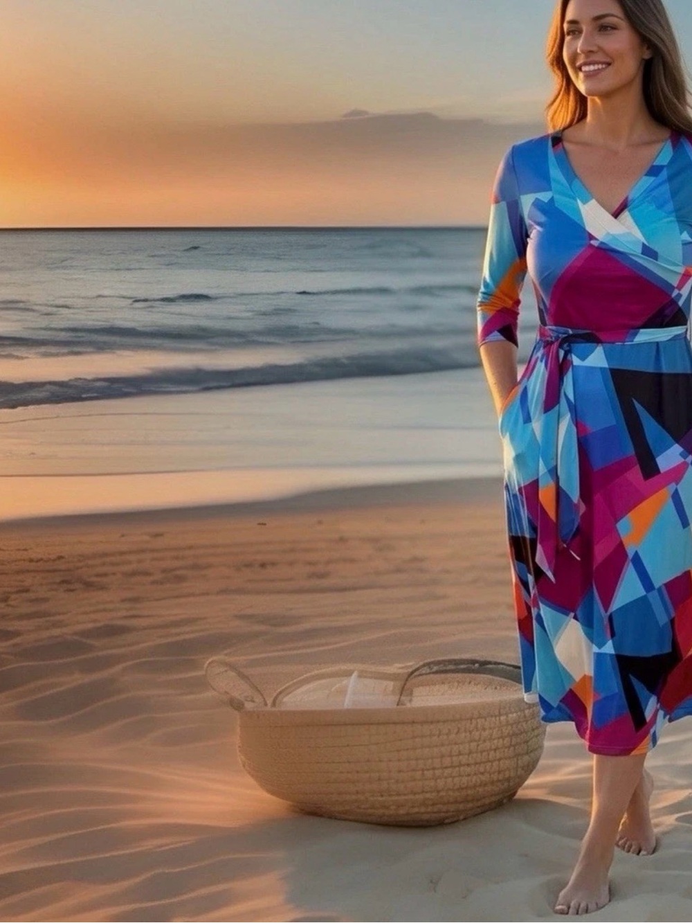 Colorful Geometric Wrap Dress - Bold Blue & Magenta